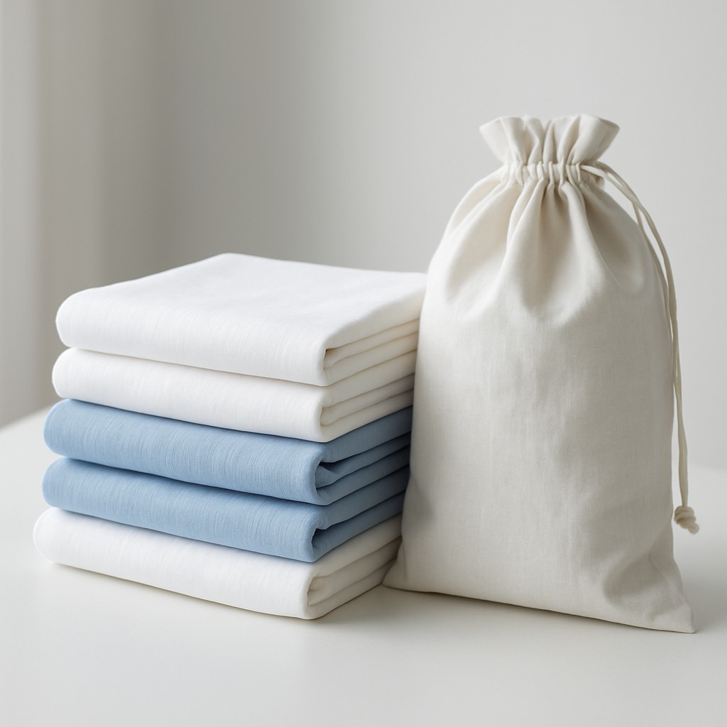 Folded laundry and a drawstring laundry bag